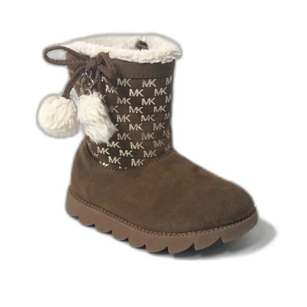 MICHAEL KORS Boots Toddler Size 7 Brown Gold MK Logo Pom Poms Payson